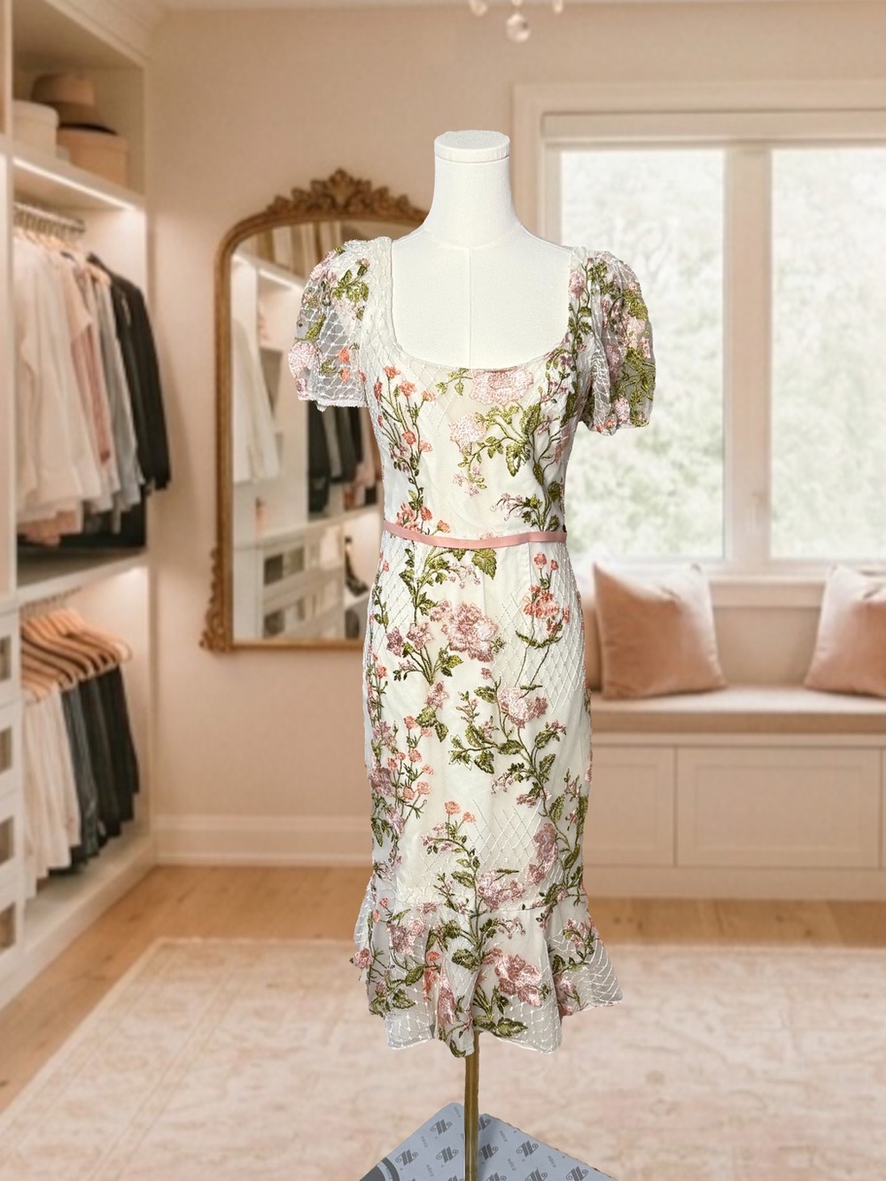 Marchesa Notte Floral Embroidered Puff Sleeve Midi Dress